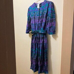 Vintage Serbin Women's Purple Multi Pattern Belted Midi Dress Size 8 Petite